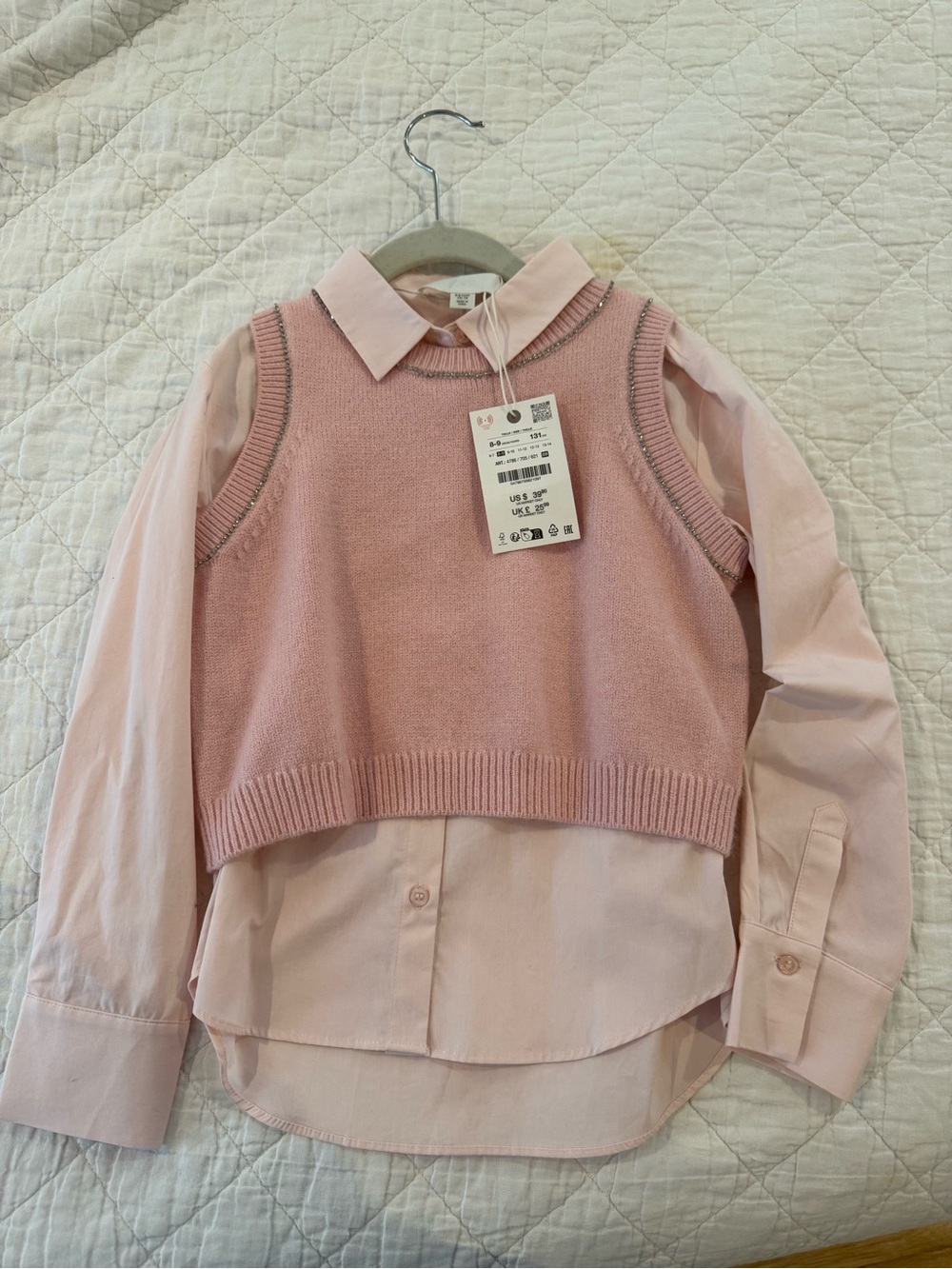 Zara Girls Pink Layered Knit Vest Over Shirt